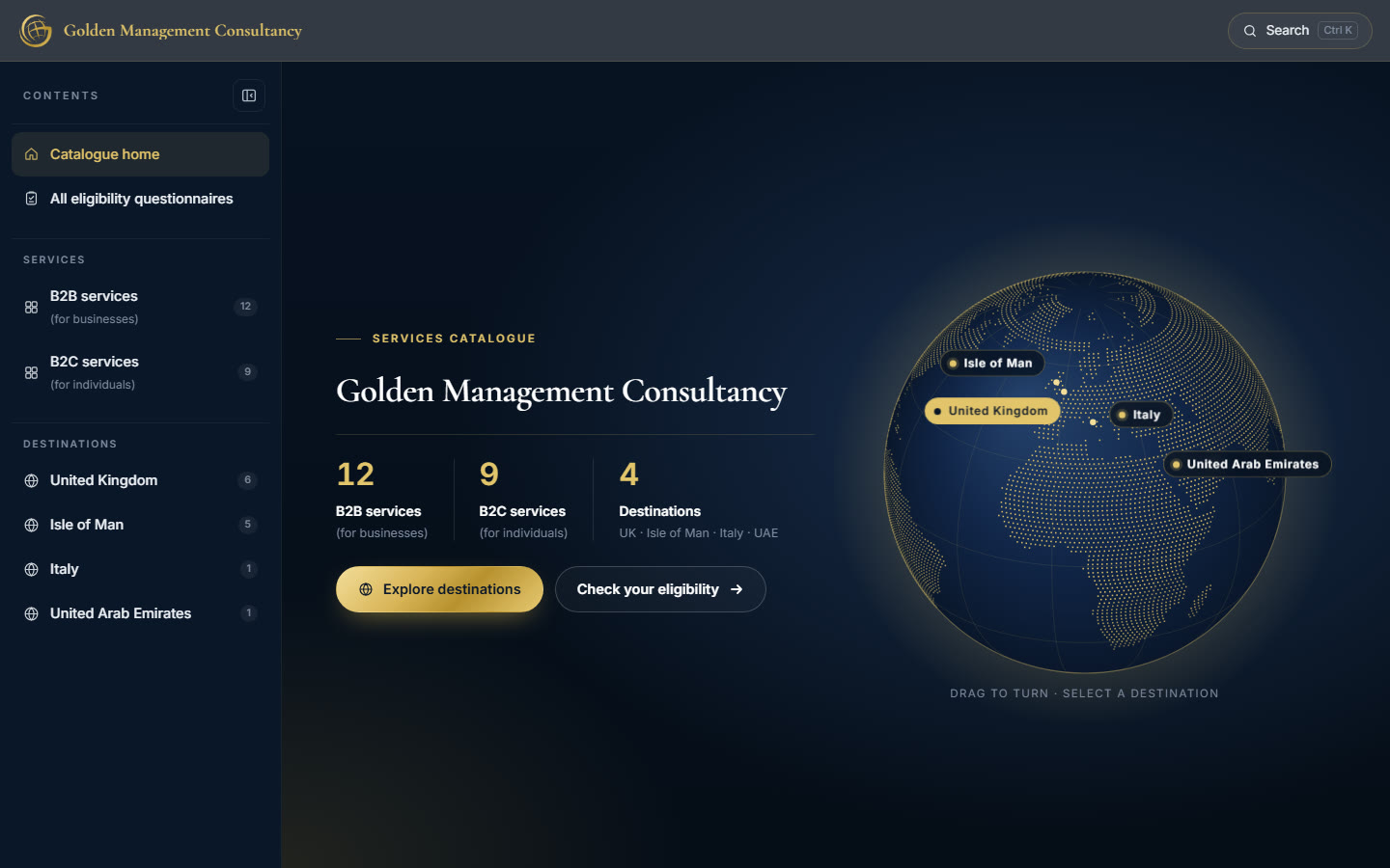 The GMC catalogue: the firm's name, twelve services for businesses, nine for individuals and four destinations, beside a dotted globe
