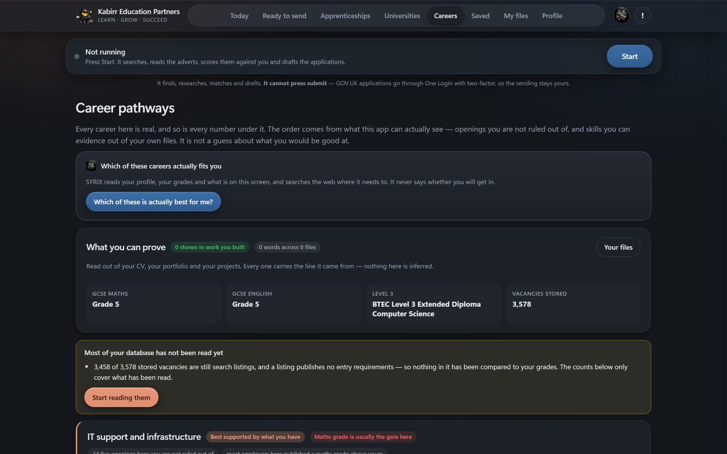The Career pathways screen: what can be proved from uploaded files, a warning that most of the stored database has not been read yet, and pathways ordered by openings not ruled out