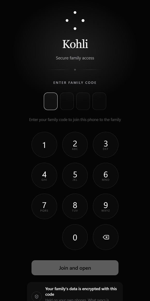 Kohli — the encrypted family-code lock screen