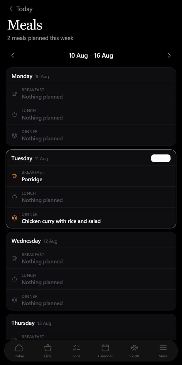 Kohli — weekly meal planning