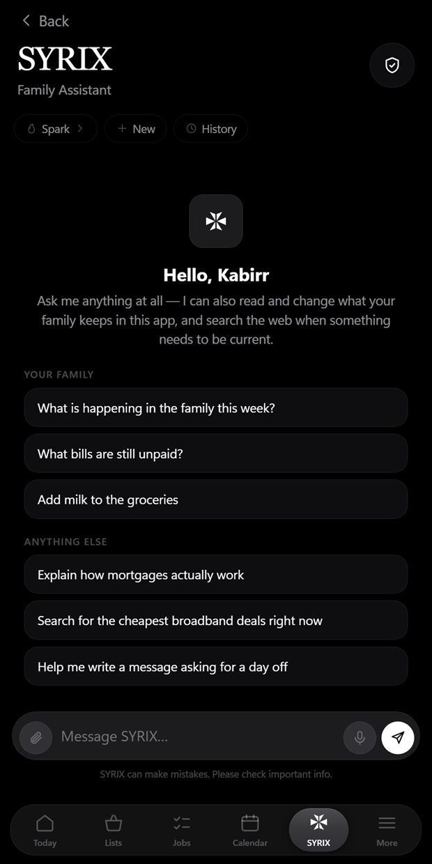 Kohli — the in-app SYRIX family assistant screen