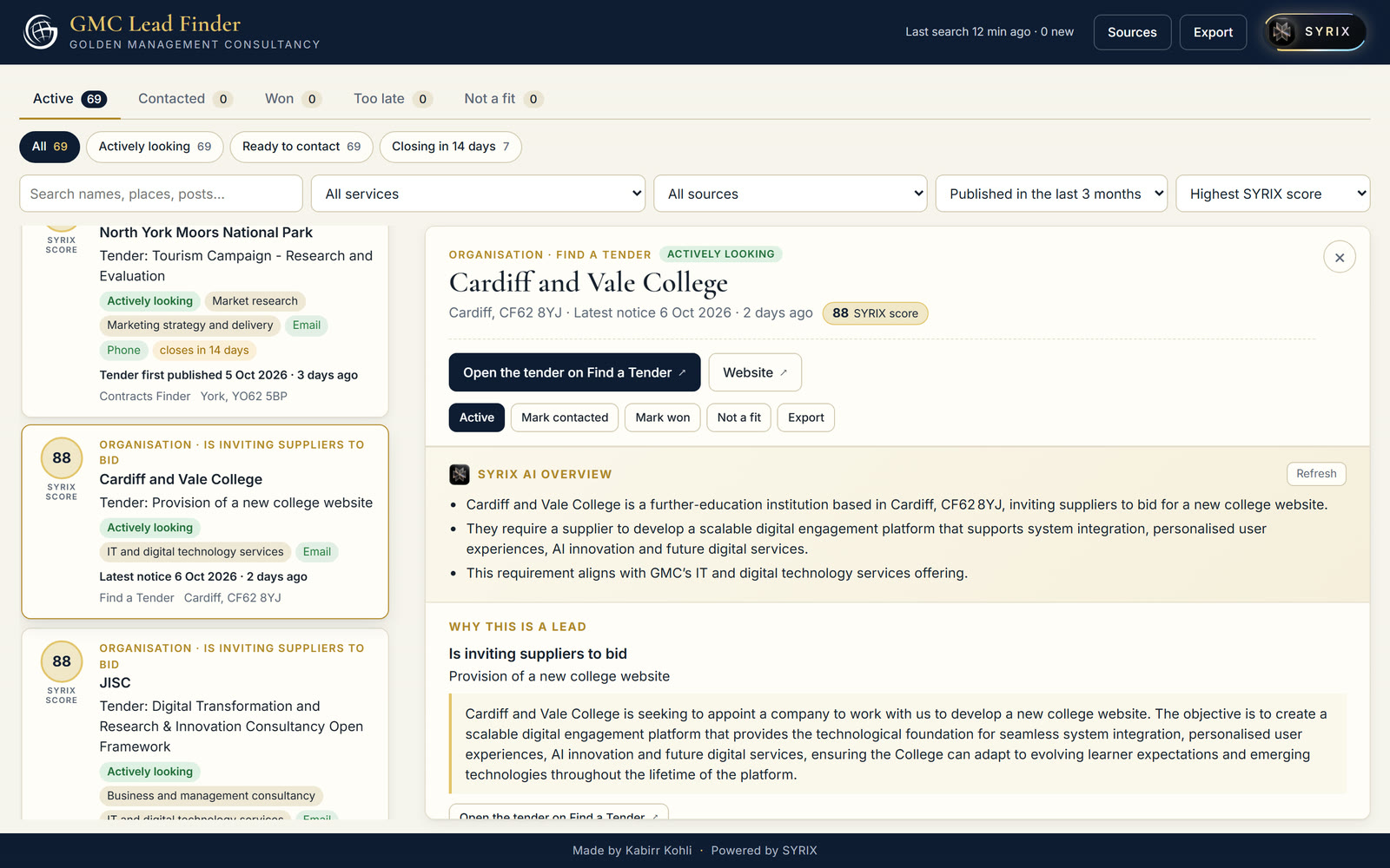 GMC Lead Finder: a list of tender leads with SYRIX scores on the left, and an open lead on the right with its SYRIX AI overview and the published words that make it a lead