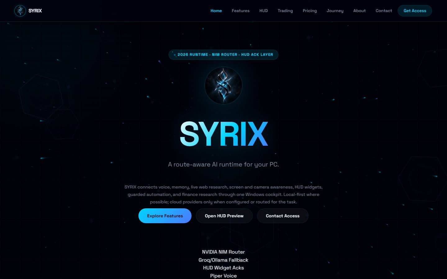 The Avananka site: the SYRIX wordmark in blue over a dark hexagonal grid, with a full navigation bar