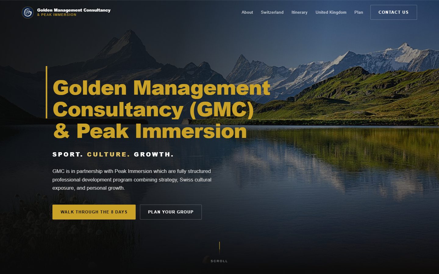 The GMC Immersion site: the company name in gold over an alpine lake at dusk, with the line Sport, Culture, Growth and two buttons