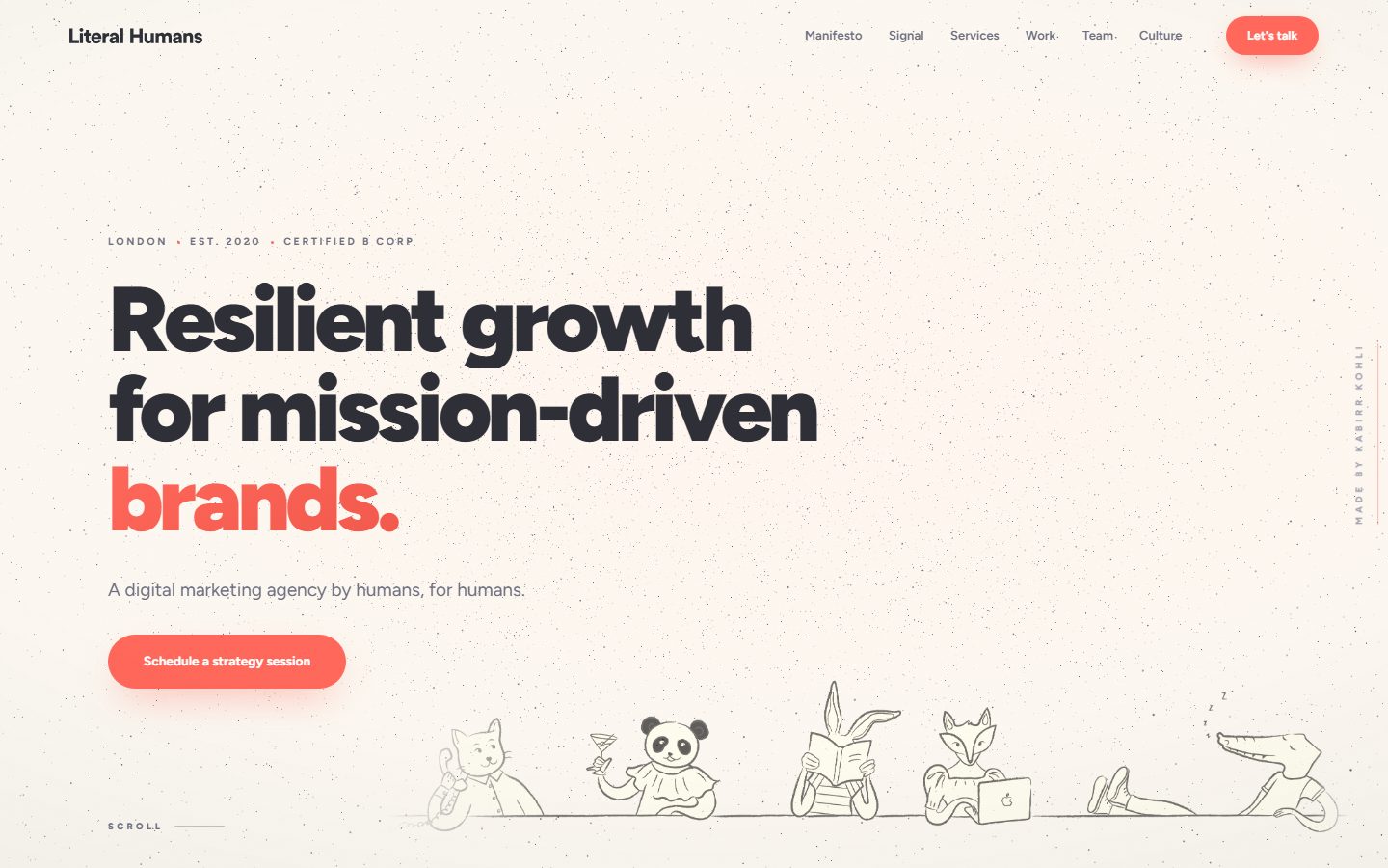 The Literal Humans site: heavy black type reading Resilient growth for mission-driven brands on cream, above a line of drawn animals