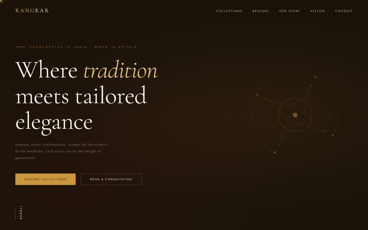 The Rangkar site: cream and gold serif type reading Where tradition meets tailored elegance on a dark brown ground