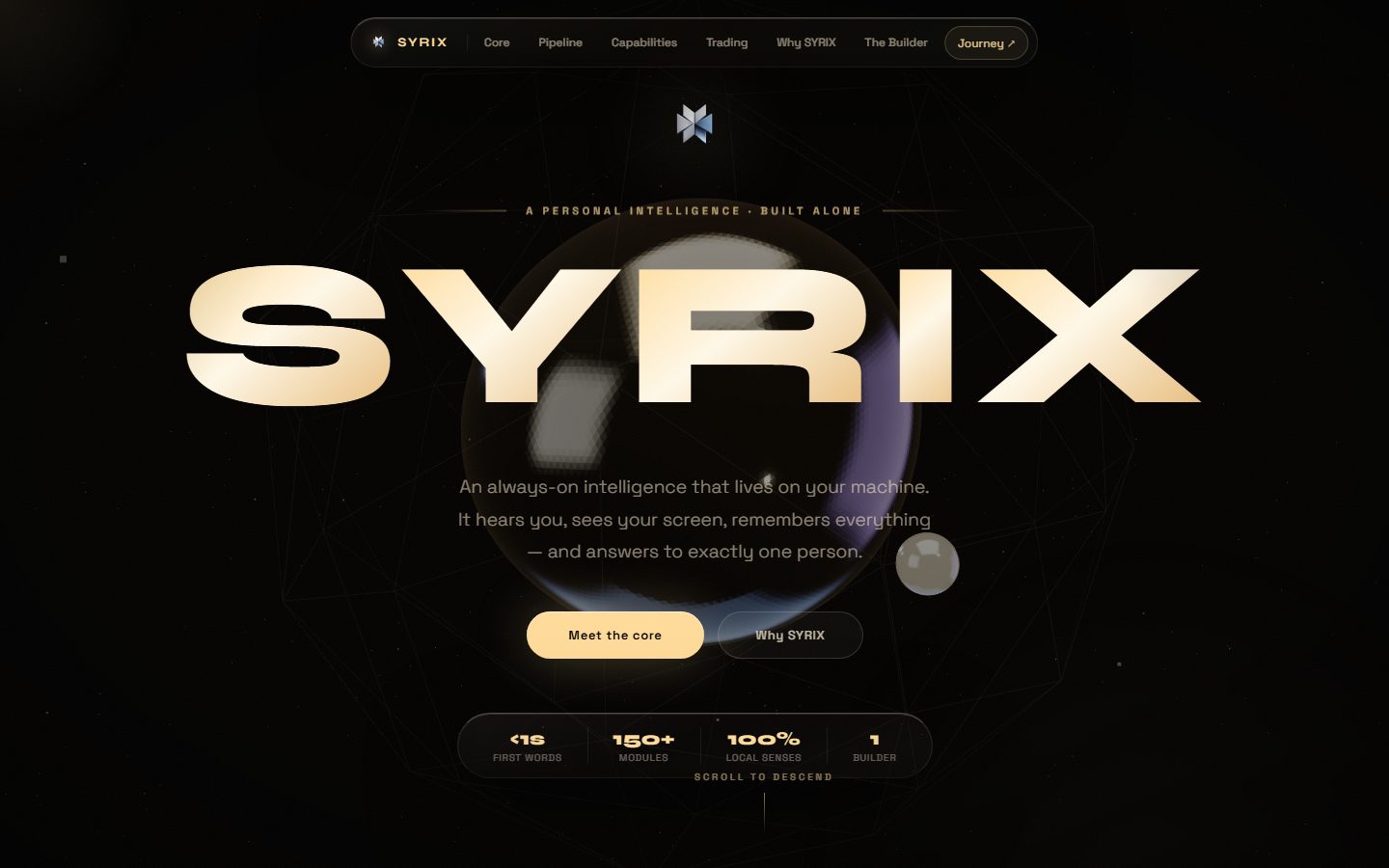 The SYRIX website: the word SYRIX in gold over a dark sphere, with a nav bar and four figures beneath it