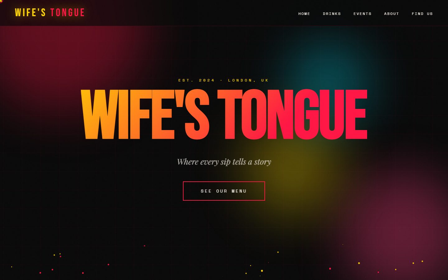 The Wife&rsquo;s Tongue site: the bar&rsquo;s name in a heavy orange-to-pink gradient over a dark neon-lit background
