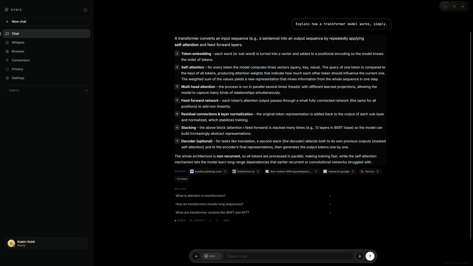 SYRIX v3 answering how a transformer model works: a seven-part numbered answer, five named sources with three more, three related questions, and the composer set to Auto