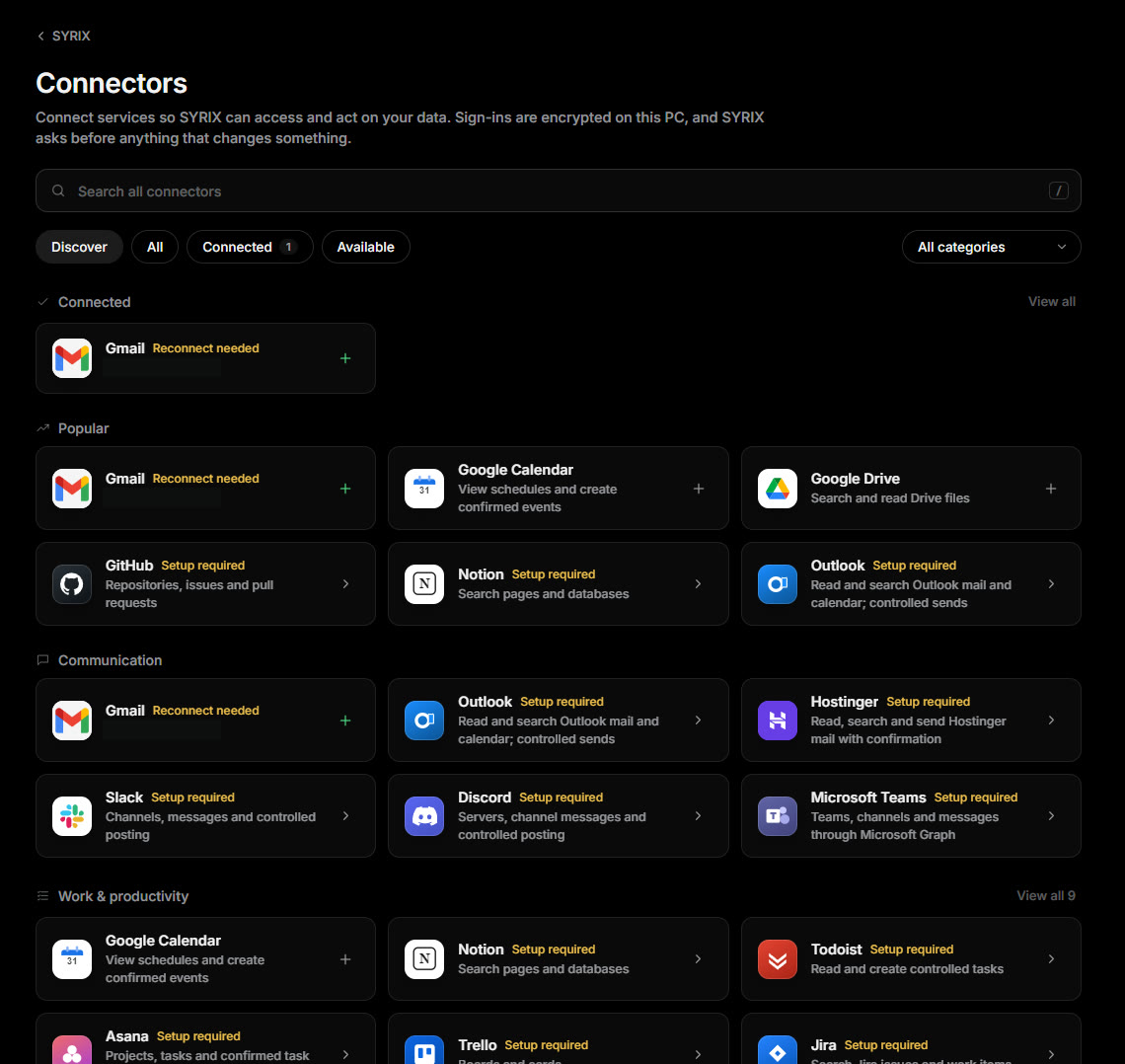 The SYRIX Connectors directory: Gmail connected, then Google Calendar, Google Drive, GitHub, Notion, Outlook, Hostinger, Slack, Discord, Microsoft Teams, Todoist, Asana, Trello and Jira, each with its status