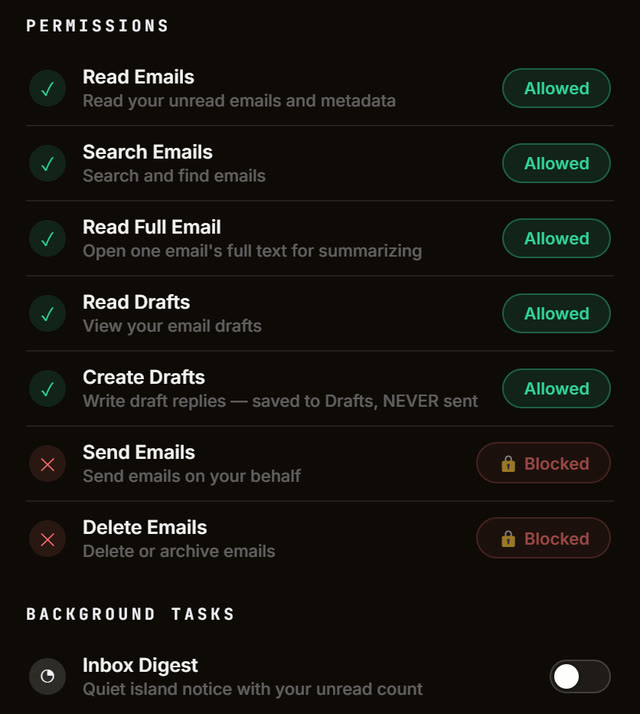 The Gmail connector's permissions: read, search, read full email, read drafts and create drafts allowed; send and delete blocked