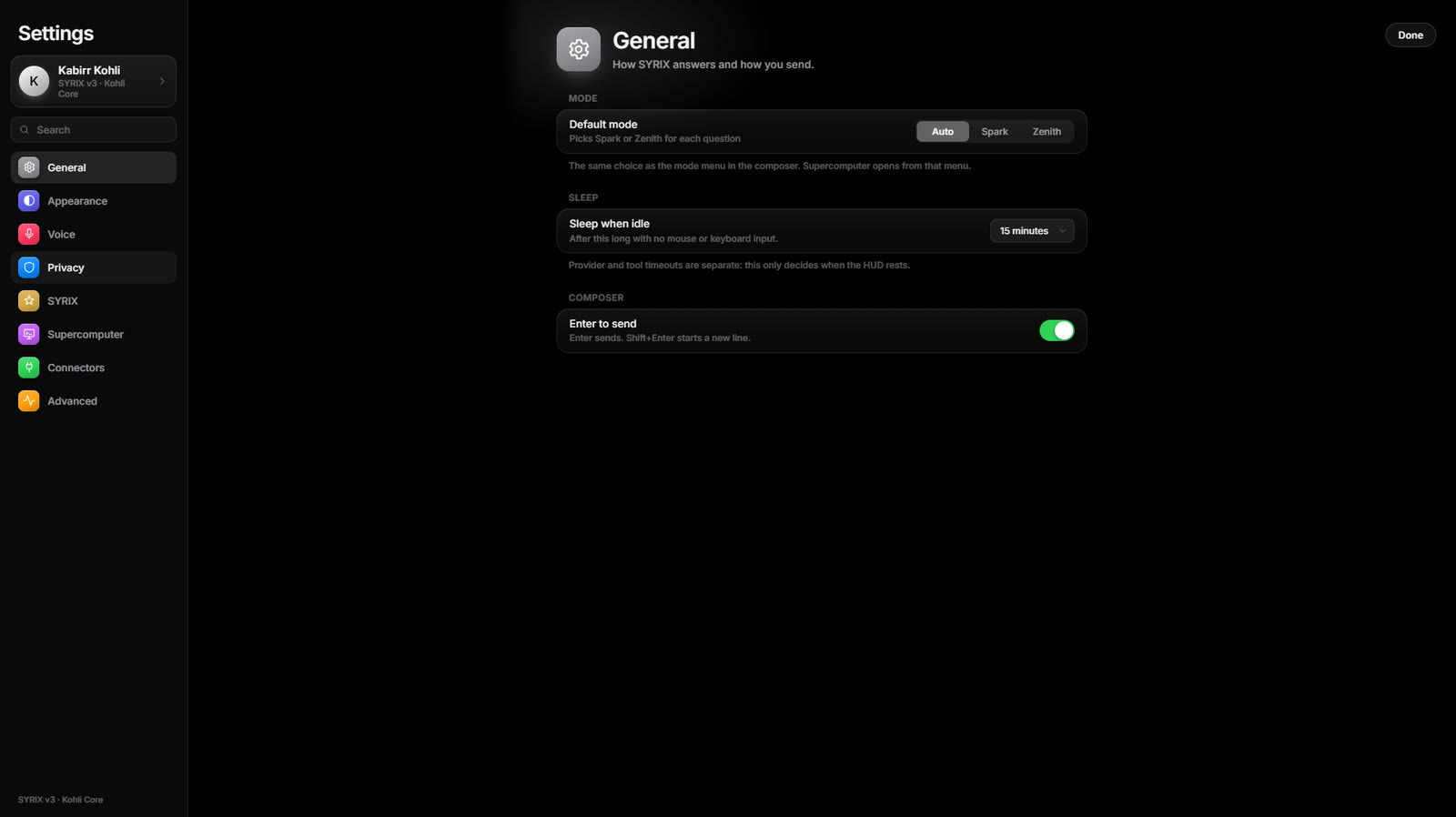 SYRIX Settings: General — default mode Auto, Spark or Zenith; sleep when idle after 15 minutes; Enter to send — with sections for Appearance, Voice, Privacy, SYRIX, Supercomputer, Connectors and Advanced