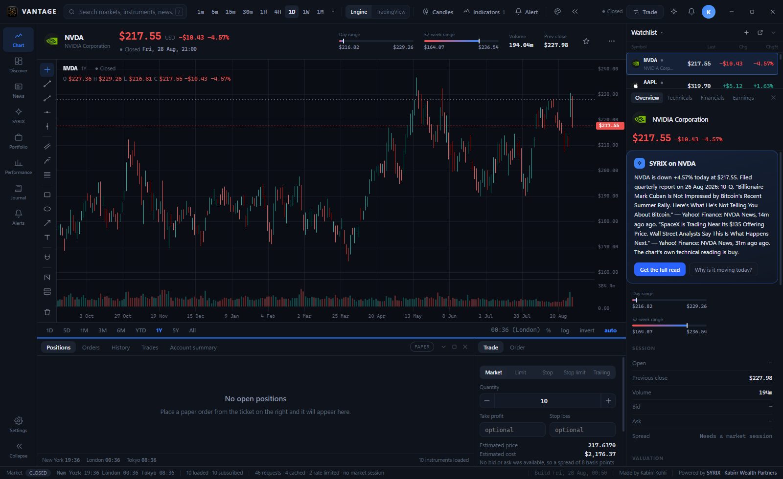 The VANTAGE terminal: a one-year NVDA candle chart with volume, a drawing rail, a watchlist with company marks, the research column, the paper blotter and the order ticket